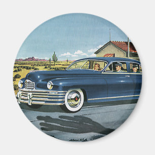 Familienreise im Vintage-Stil, Tankstelle 'Letzte  Magnet