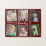 Familienskript Herz Dunkelrote FotoCollage Puzzle<br><div class="desc">Dieses Foto-Puzzle ist ein lustiges Geschenk für jede Familie. Es bietet 6 Fotorahmen für Bilder von Kindern und Familienmitgliedern und ist mit dem Text "familie" akzentuiert,  der in der modernen Herzkalligraphie erscheint. Der Hintergrund ist dunkelrot.</div>