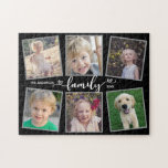 Familienskript Herz-FotoCollage Puzzle<br><div class="desc">Dieses Foto-Puzzle ist ein einzigartiges Geschenk für alle Familienmitglieder. Es bietet 6 Fotorahmen für Bilder von Kindern und Familienmitgliedern und ist mit dem Text "familie" akzentuiert, der in der modernen Herzkalligraphie erscheint.</div>