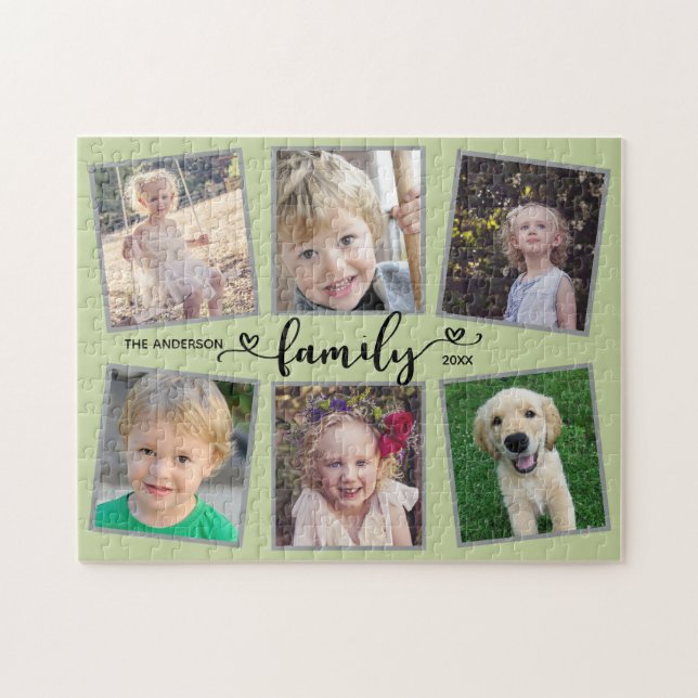 Familienskript Herz grüne FotoCollage Puzzle (Horizontal)