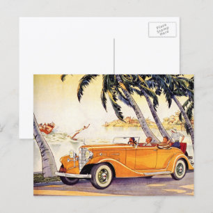 Familienurlaub im Oldtimer-Cabrio Postkarte