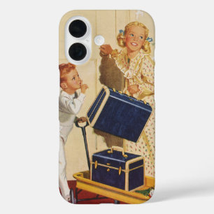Familienurlaub im Retro-Stil, Vater, Kinder und Ko iPhone 16 Hülle