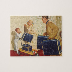Familienurlaub im Retro-Stil, Vater, Kinder und Ko Puzzle