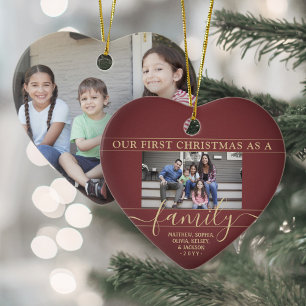 Family 2 Photo First Christmas Burgundy Red & Gold Keramik Ornament
