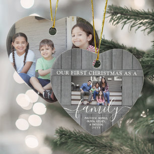 Family 2 Photo First Christmas Faux Gray Wood Keramik Ornament
