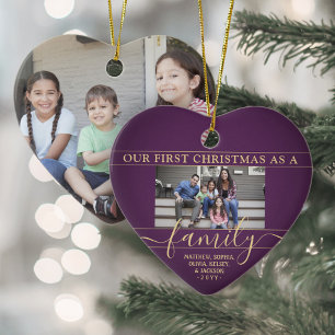 Family 2 Photo First Christmas Purple Gold Heart Keramik Ornament