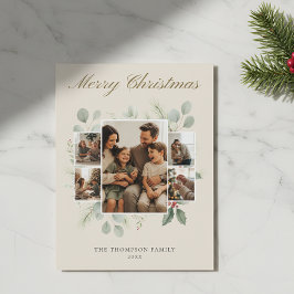 Family 5 Photo Collage Watercolor Eucalyptus Feiertagskarte