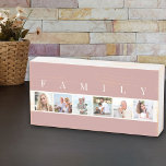 FAMILY 6 Foto Collage Square Picture Strip Pink Holzkisten Schild<br><div class="desc">Das hölzerne Kastenschild ist personalisiert mit den Fotos Ihrer Familie. Die Fotovorlage ist für Sie ein Set, um 6 Ihrer Lieblingsfotos hinzuzufügen, die in quadratischer Form in einer einfachen, Streifen-Stil, Foto-Collage angezeigt werden. Über Ihren Bildern steht das Wort "FAMILY" in der modernen Typografie. Dieses elegante und stilvolle Stück hat eine...</div>