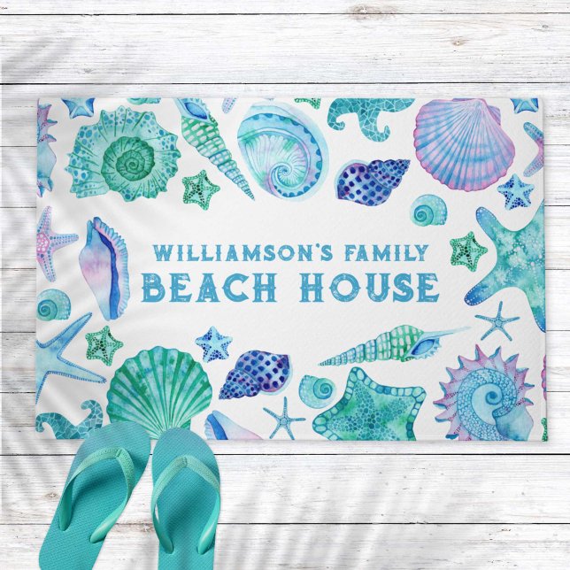 Family Beach House Blue Summer Muscheln Fußmatte (Family Beach House Blue Summer Sea Shells Doormat)