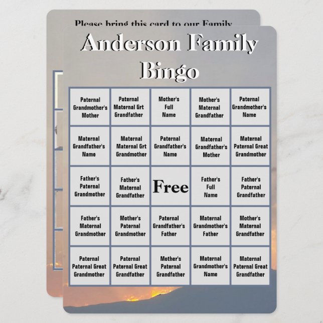 Family Bingo Card Orange Sunset and Mountain Foto (Vorne/Hinten)