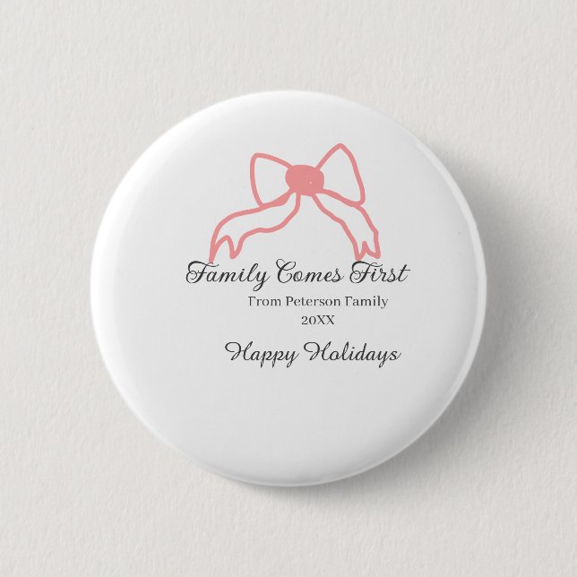 Family comes first red bow family name holidays button (Vorderseite)