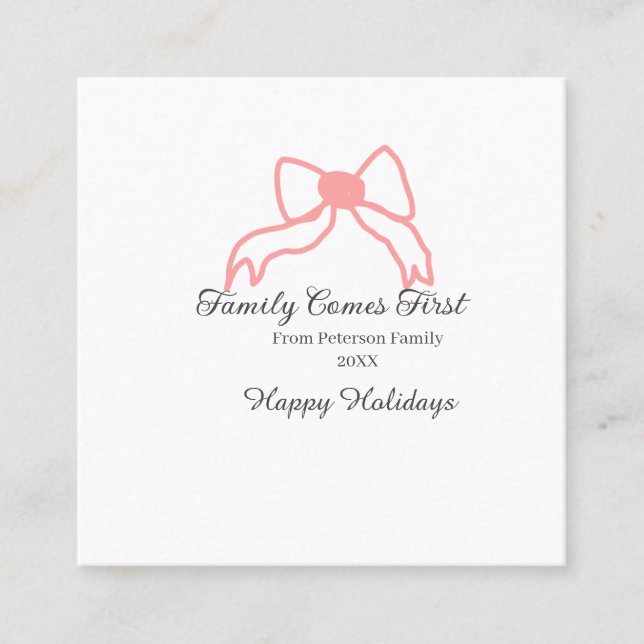 Family comes first red bow family name holidays quadratische visitenkarte (Vorderseite)