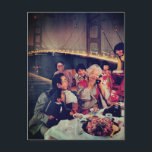 Family Dining at the Bridge Postkarte<br><div class="desc">A vintage family dining at the bridge at night collage art</div>