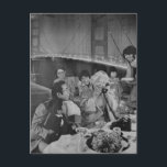 Family Dining at the Bridge Postkarte<br><div class="desc">A vintage family dining at the bridge at night black and white collage art</div>