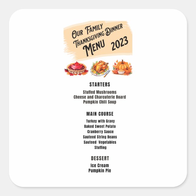 Family Erntedank Dinner Menu 2023 Quadratischer Aufkleber (Vorderseite)