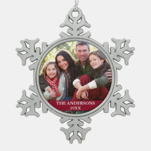 Family Foto Burgundy Schneeflocken Zinn-Ornament