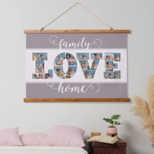 FAMILY Foto Collage Liebe Script Modern Keepake Wandteppich Mit Holzrahmen