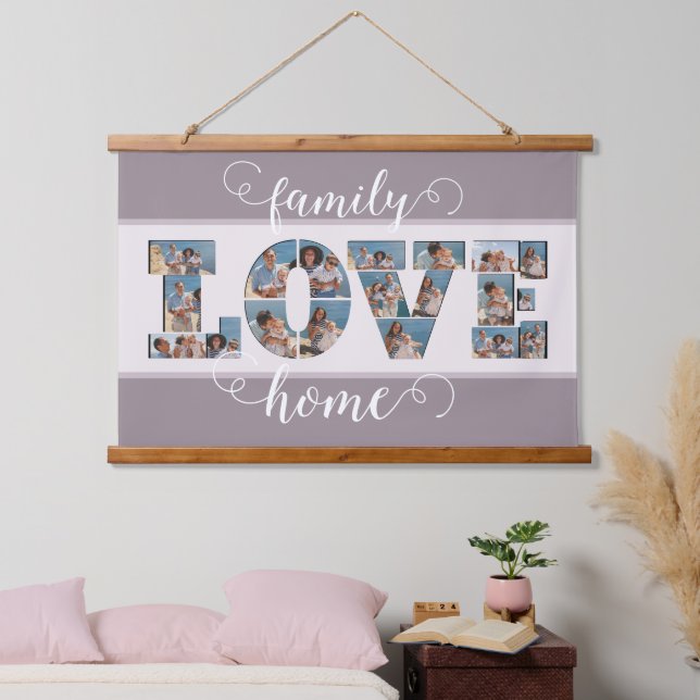 FAMILY Foto Collage Liebe Script Modern Keepake Wandteppich Mit Holzrahmen (Schlafzimmer)