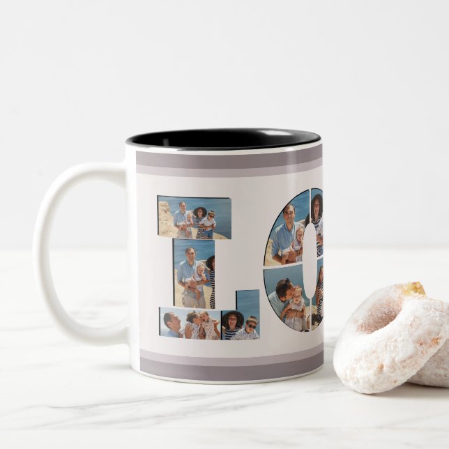 FAMILY Foto Collage Liebe Script Modern Keepake Zweifarbige Tasse (Mit Donut)