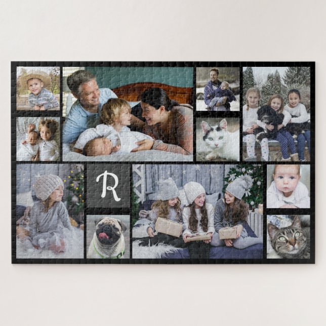 Family Foto Collage Monogrammed Black 11 Pictures Puzzle (Horizontal)