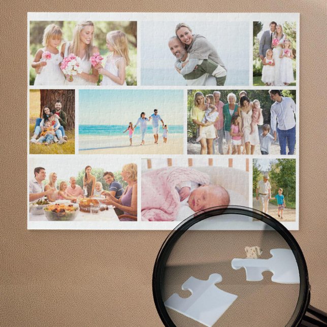Family Foto Collage White Masonry Grid Custom Puzzle (White jigsaw puzzle with 9 pictures in masonry grid photo collage by Darling & May)