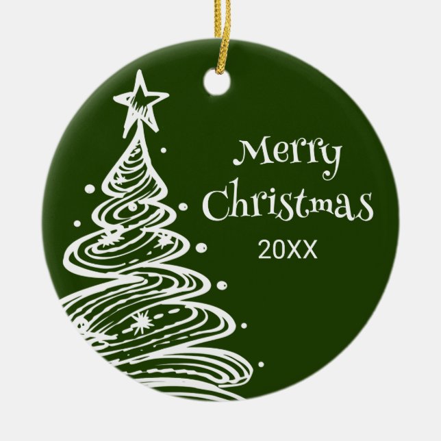 Family Foto Green White Christmas Tree Geschenk Keramik Ornament (Vorne)