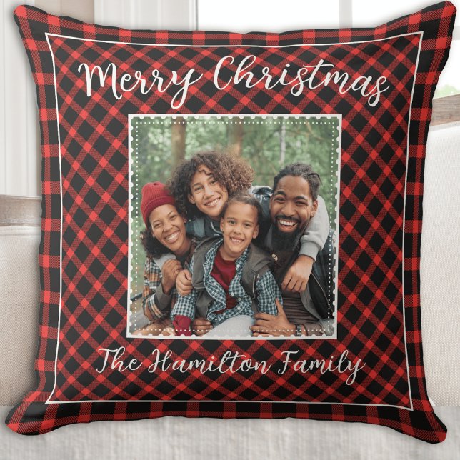 Family Foto Holiday Red Buffalo Kariert Kissen (Merry Christmas Family Photo in Red Plaid)