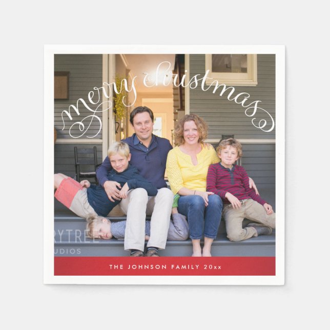 Family Foto Red Frohe Weihnachten Serviette (Vorderseite)