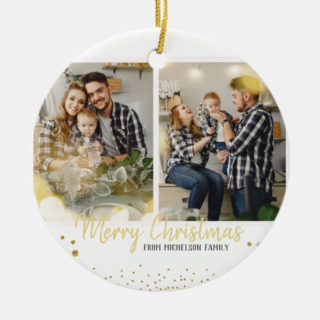 Family Foto Weihnachten Gold Confetti Keramik Ornament (Vorne)