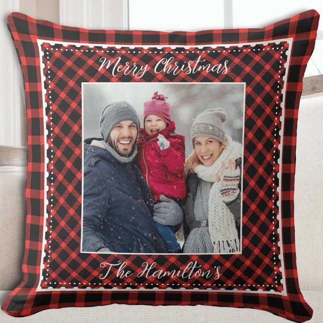 Family Foto Weihnachten Rotes Buffalo Kariert Kissen (Family Photo Christmas Red Buffalo Plaid Throw Pillow)
