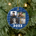Family Fotos von Sea Turtle Navy Blue Keramik Ornament<br><div class="desc">Create a special Christmas gift for the tree with this four-foto ornament. Customize both sides with year, names, greeting. In Sea turtle pattern over navy blue on the front is the background for bold white text and fotos of the kids, or kids and pets. The design will work for round...</div>