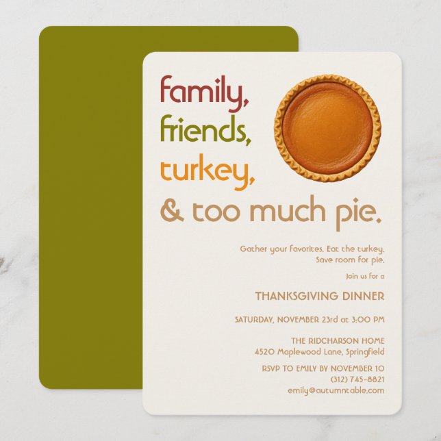 Family, Friends, Turkey, Pie Modern Thanksgiving Einladung (Vorne/Hinten)