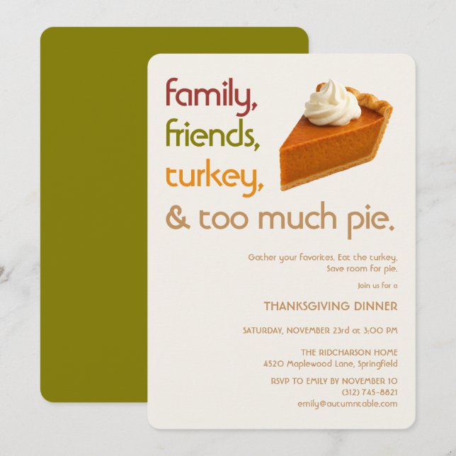 Family, Friends, Turkey, Pie Modern Thanksgiving Einladung (Vorne/Hinten)