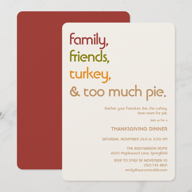 Family, Friends, Turkey, Pie Modern Thanksgiving Einladung (Vorne/Hinten)