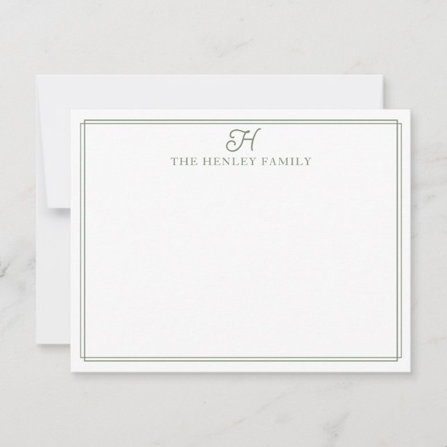 Family Initial Green Border Monogram Stationery Mitteilungskarte (Vorderseite)
