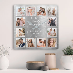 Family Is Everything Quote Family Photo Silver Quadratische Wanduhr