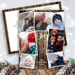 FAMILY JOY   Schnee und Vintages Holz 7 FotoCollag Feiertagspostkarte