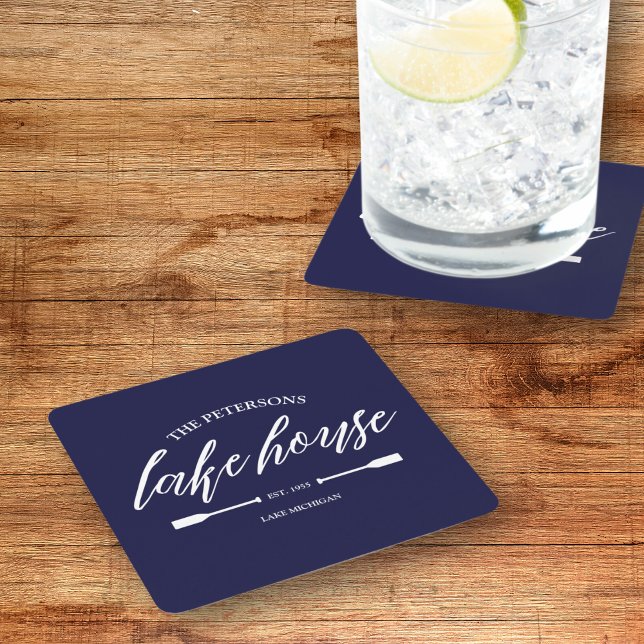 Family Lake House Coastal Nautical Navy Blue Oar Rechteckiger Pappuntersetzer (Lake House Custom Coasters Family Name Rental Property Navy Blue Oar Nautical Rustic Coastal)