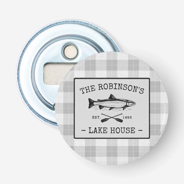 Family Lake House Oars Fish White Kariert Flaschenöffner (Vorderseite)
