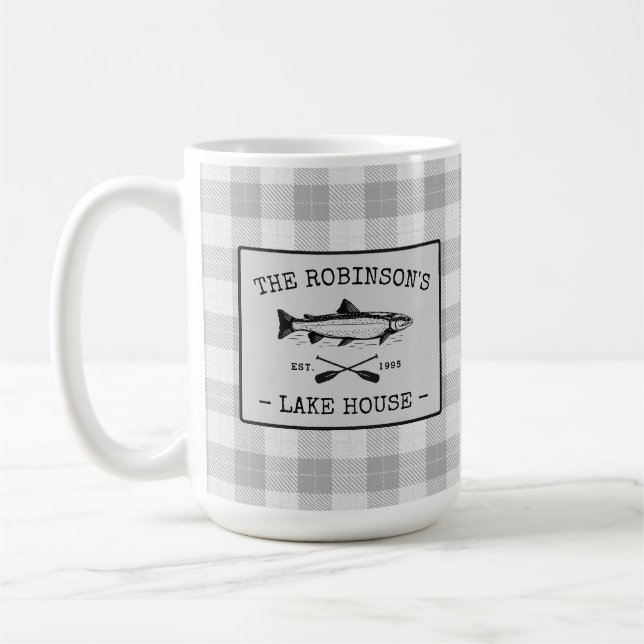 Family Lake House Oars Fish White Kariert Groß Kaffeetasse (Links)
