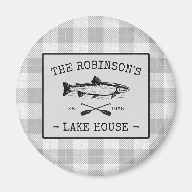 Family Lake House Oars Fish White Kariert Round Magnet (Vorne)