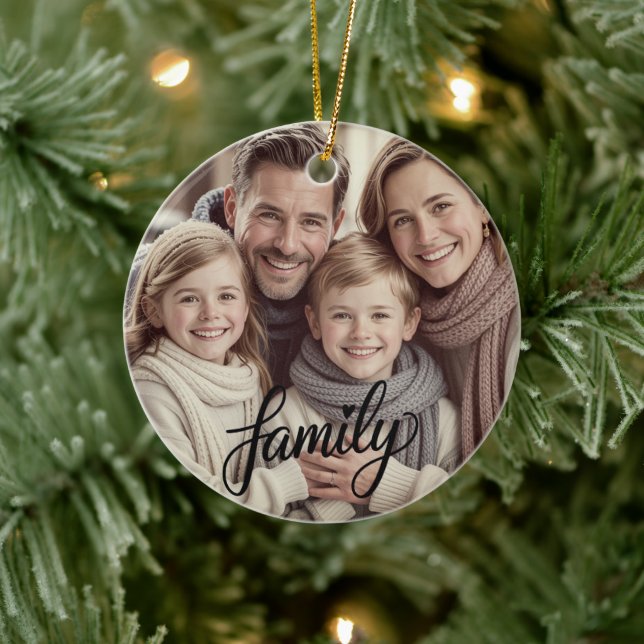 Family Love Black Script Custom Photo Ornament (Baum)