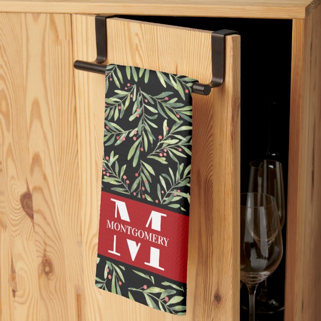 Family Monogram Christmas Holly Geschirrtuch (Drittel gefaltet)