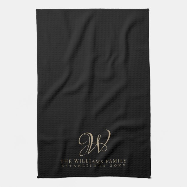 Family Monogram Elegant Script Black Kitchen Geschirrtuch (Vertikal)
