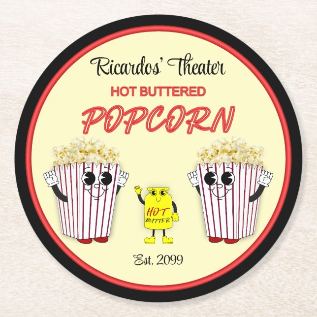 Family Movie Theater with Hot Buttered Popcorn  Runder Pappuntersetzer (Vorderseite)