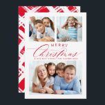 FAMILY MULTI FOTO Traditionelles Weihnachtsrot Feiertagskarte<br><div class="desc">von kat massard >>> WWW.SIMPLYSWEETPAPERIE.COM << Eine super fun card Design mit dem Zitat "MERRY CHRISTMAS" mit kombiniertem eleganten Skripttyp mit Serifentypografie und Kreuzbruchmuster auf der Rückseite. Mit Platz für 3 Ihrer Lieblings-Fotos!</div>