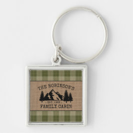 Family Name Cabin Trees Sage Plädoyer Burlap Squar Schlüsselanhänger