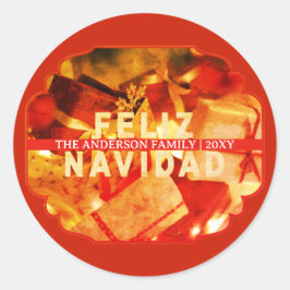 Family Name Red Gold Feliz Navidad Christmas Runder Aufkleber