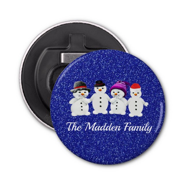 Family of Four Snowmen Blue Sparkle Winter   Flaschenöffner (Vorderseite)