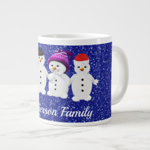 Family of Four Snowmen Blue Sparkle Winter    Jumbo-Tasse